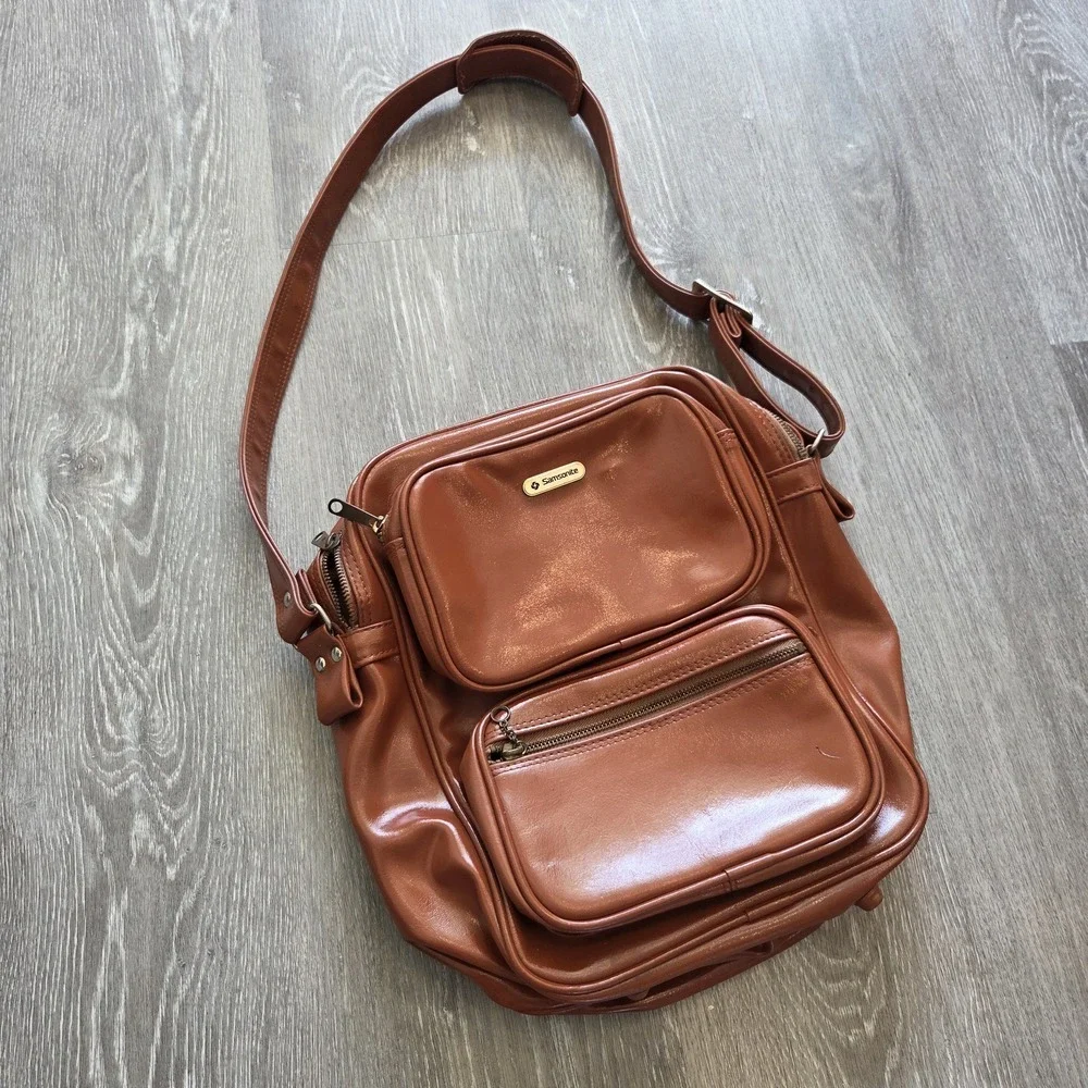 Vintage Restored Samsonite Leather Multi-Pocket Shoulder Travel Bag